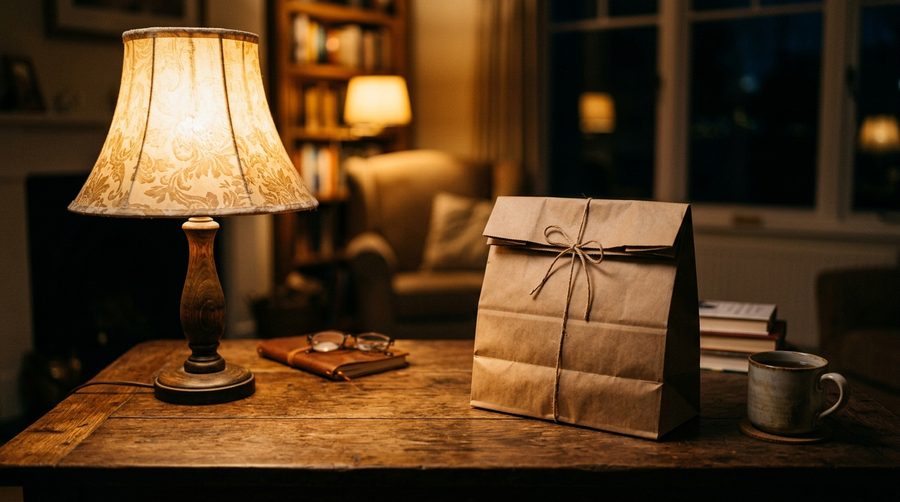 Kantong belanja tertutup rapi di atas meja di samping lampu menyala hangat dalam suasana malam yang tenang