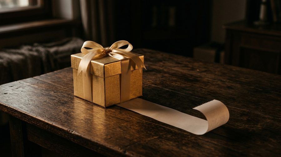 Kotak hadiah dengan pita emas di atas meja gelap yang bayangannya menyerupai struk belanja panjang