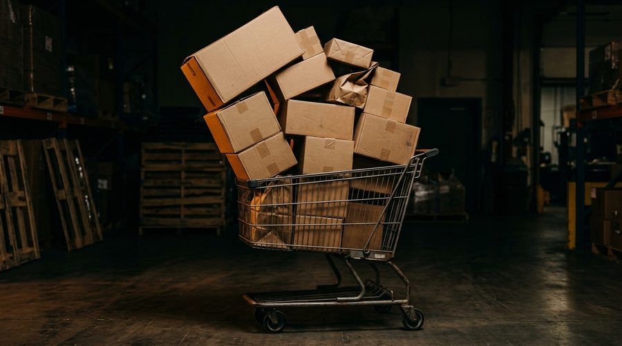 Troli belanja kelebihan muatan bertumpuk kardus dan kantong belanja dalam cahaya emas hangat